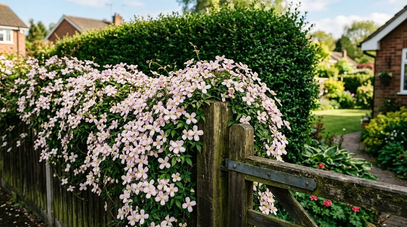 Fast growing climbers UK example with clematis montana covering a rustic garden fence in a suburban West Midlands garden during May