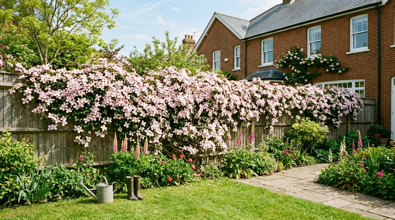 Fast growing climbers UK covering a wooden garden fence with honeysuckle and clematis in full flower