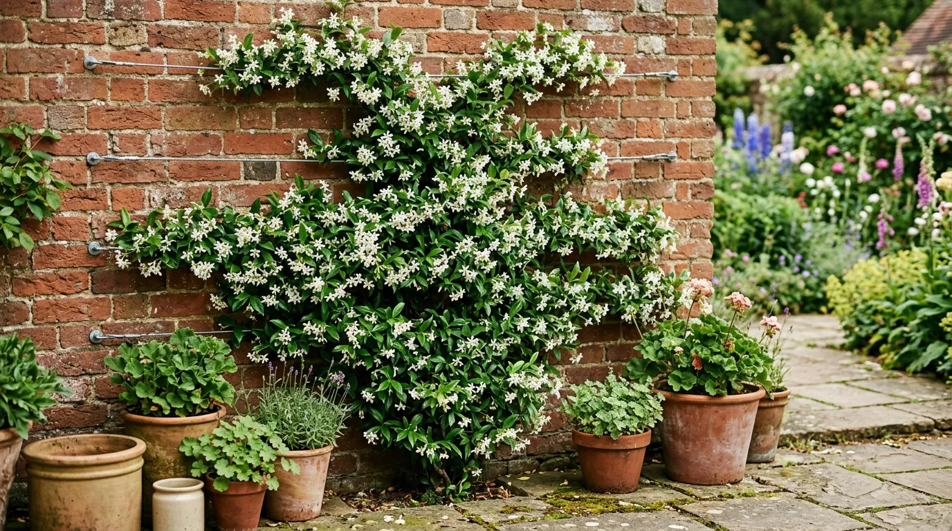 Fast growing climbers UK star jasmine trained on wires against a south-facing red brick wall in an English cottage garden