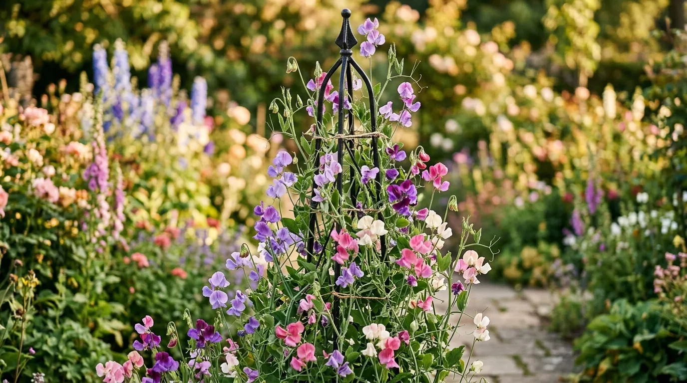 Fast growing climbers UK sweet peas growing up garden obelisk with mixed purple and pink flowers in a sunny border