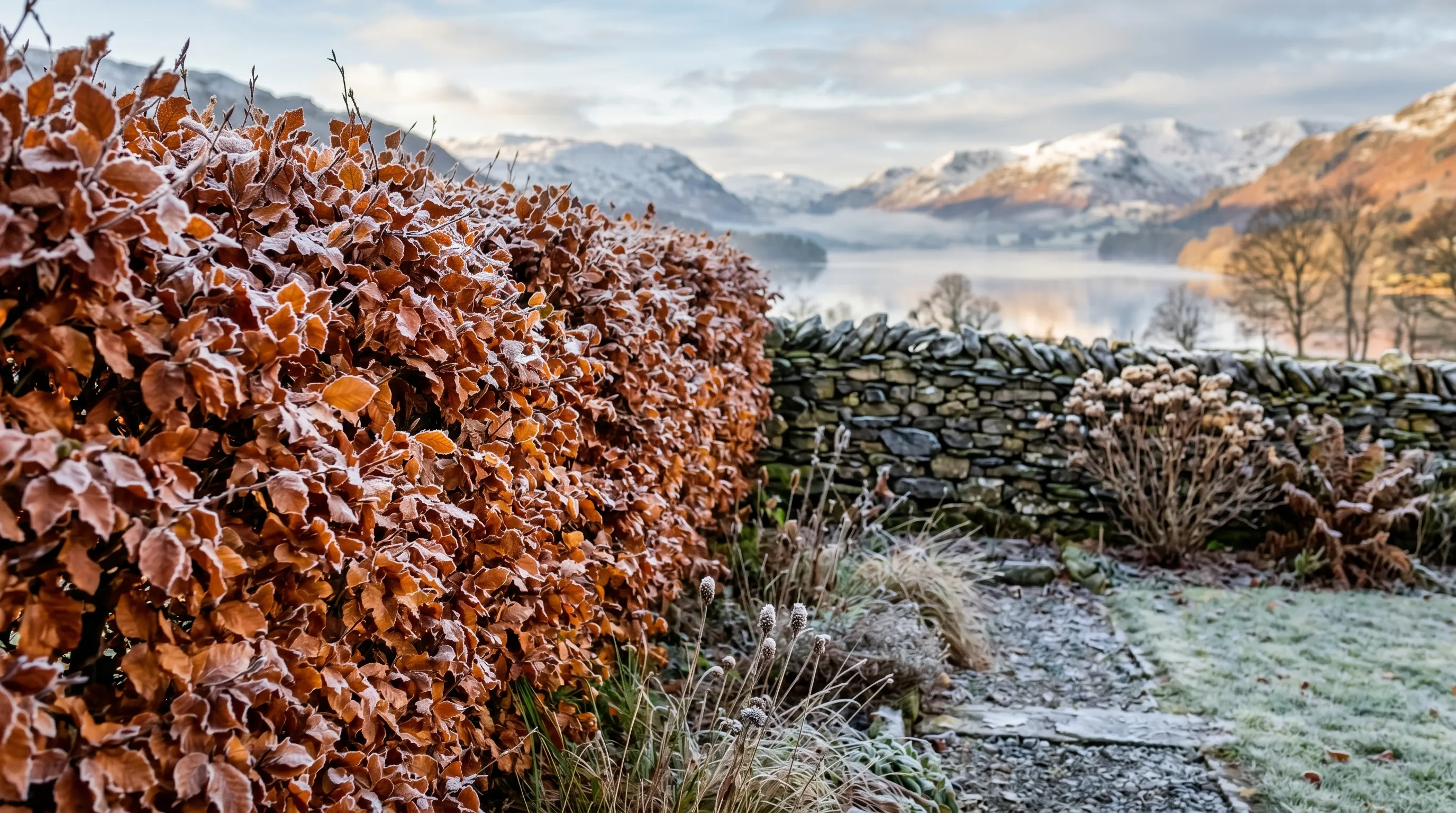 Copper-bronze beech hedge holding autumn leaves through winter in a Lake District garden