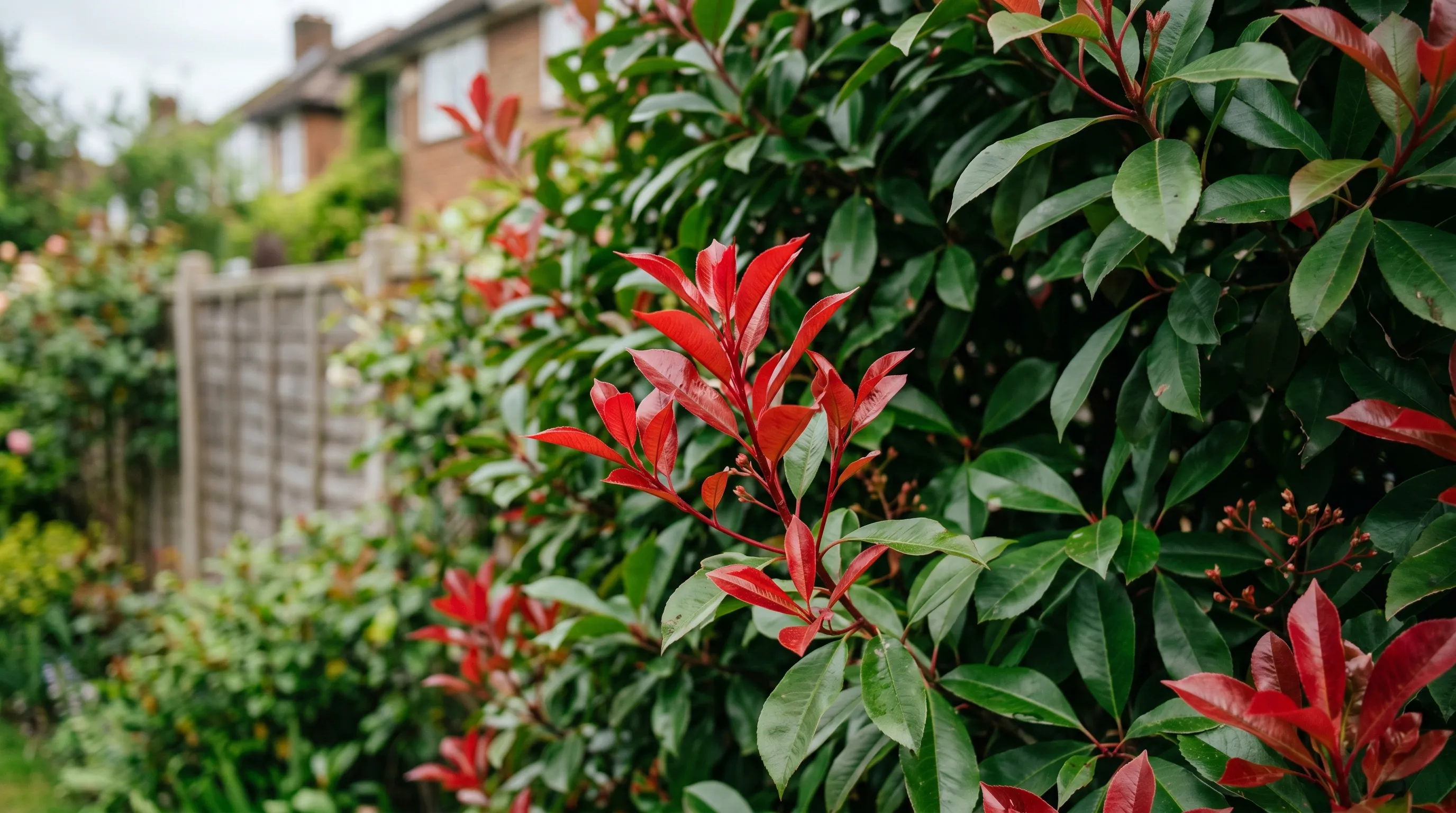Photinia Red Robin foliage with red new growth contrasted against deep green mature leaves