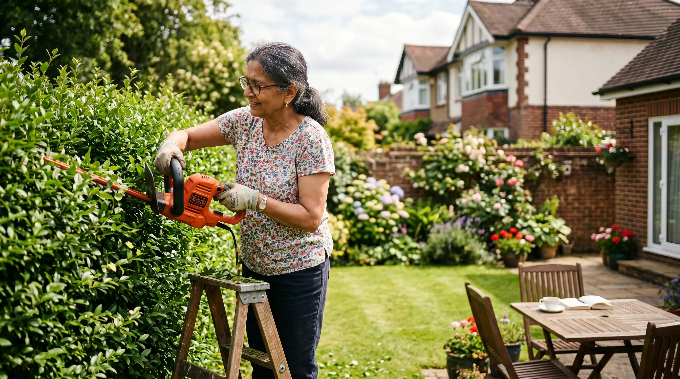 Older British Indian woman trimming a privet hedge in a suburban back garden