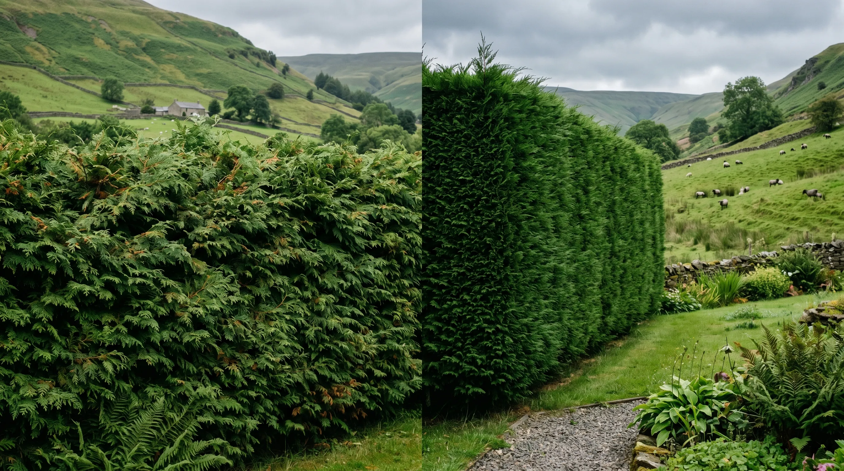 Side by side comparison of Western Red Cedar Thuja plicata hedge and Leylandii hedge in a Welsh valley garden