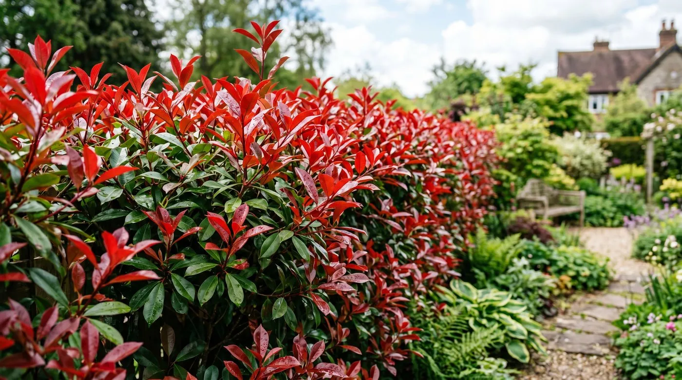 A Photinia Red Robin shrub with bright red new growth used as a fast evergreen screen