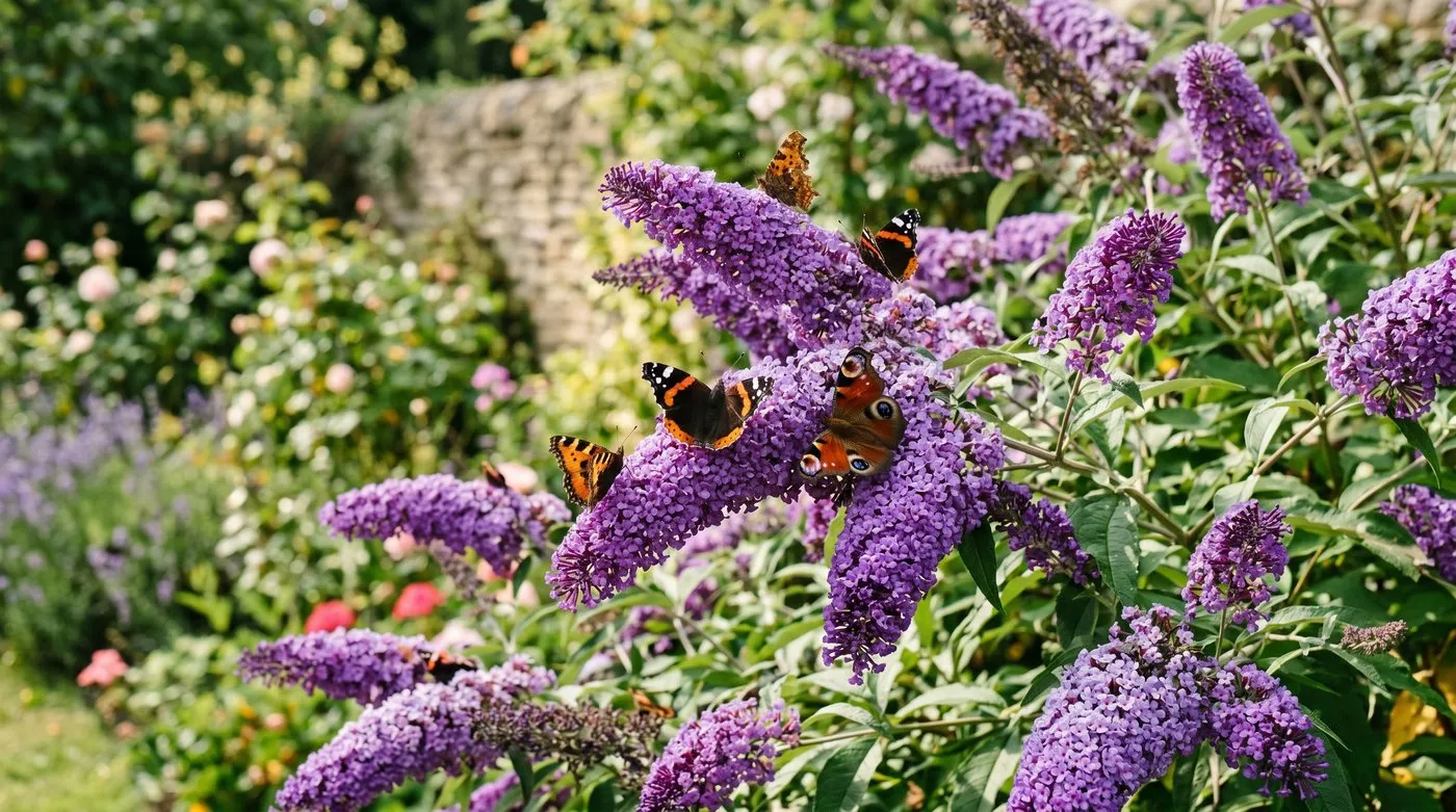 A Buddleja in full purple flower covered in butterflies in a UK summer garden