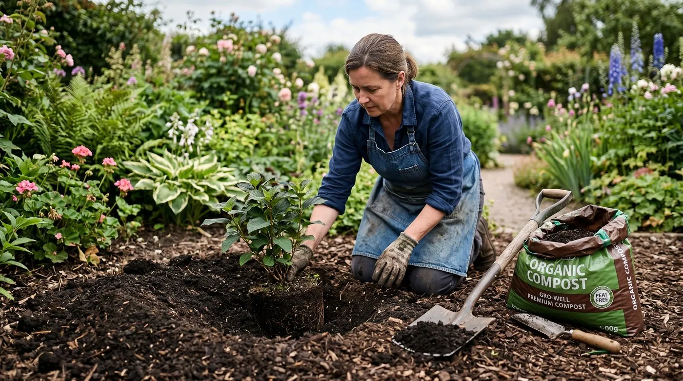 Planting a fast-growing shrub into a well-prepared hole with compost worked into the soil