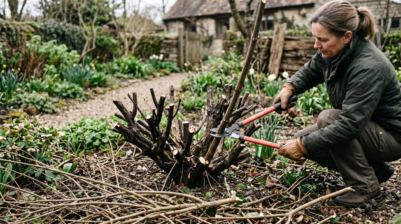 Hard pruning a Buddleja back to a low framework with loppers in early spring