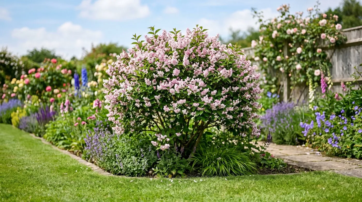 A single fast-growing specimen shrub in full leaf and flower as the focal point of a summer border