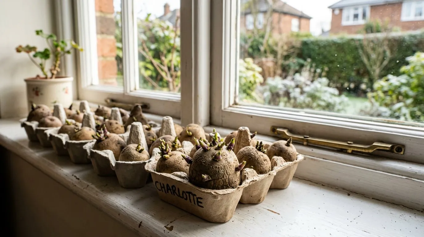 February chitting: seed potatoes arranged in egg boxes on a bright windowsill with short green shoots visible