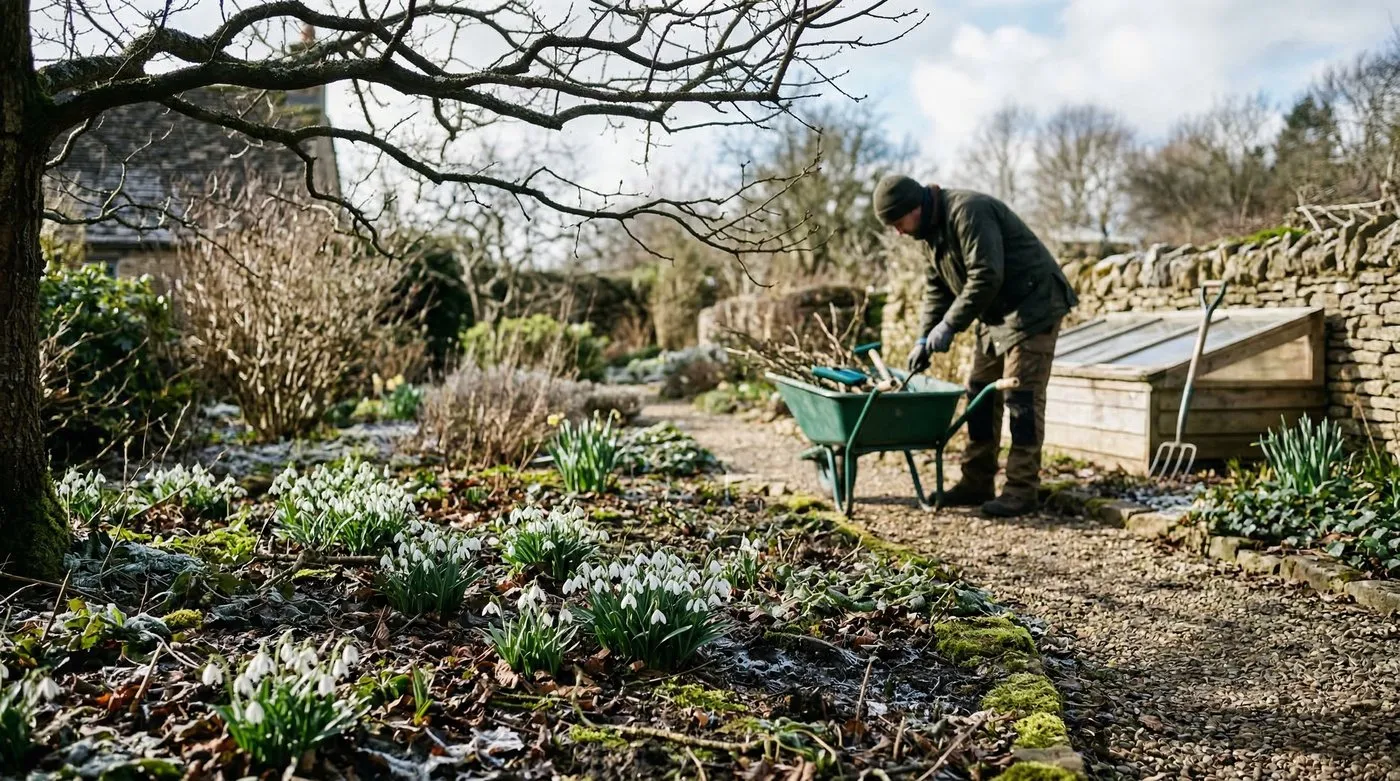 Gardener arranging seed potatoes in egg boxes for chitting on a bright windowsill in a cold February morning