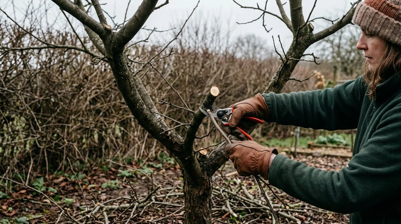 Pruning an apple tree in February with clean secateurs showing the open goblet shape