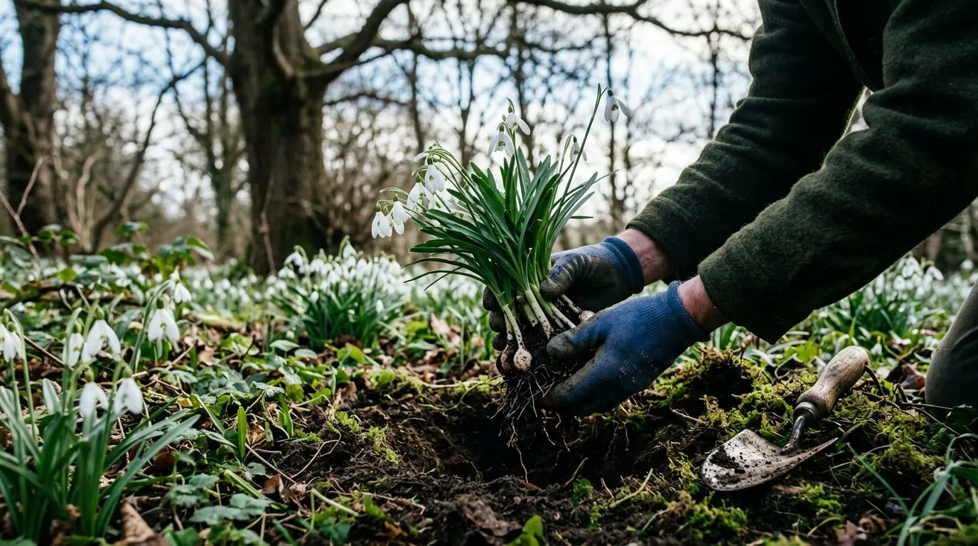 Snowdrops being planted in the green in dappled shade under a deciduous tree in a February garden