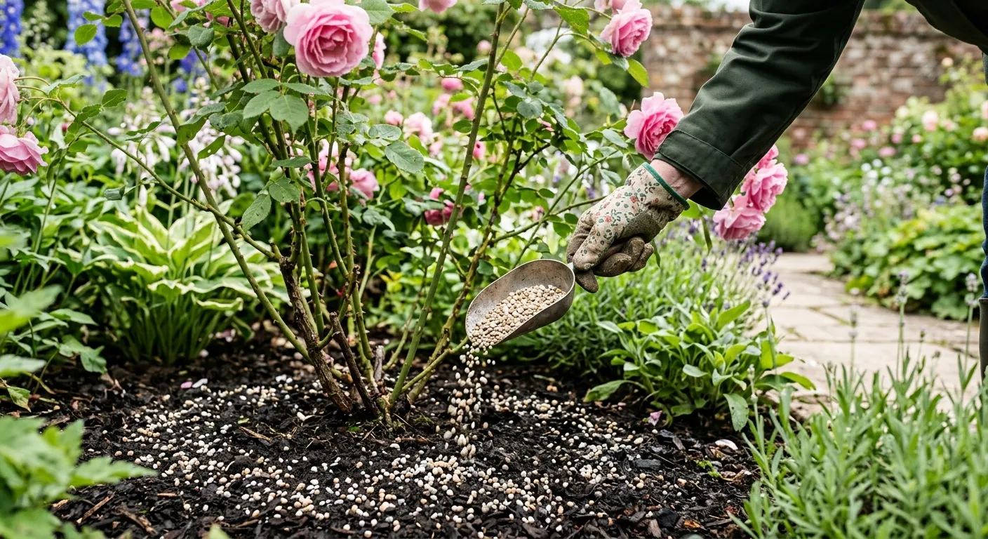 How to feed garden plants showing granular fertiliser being applied around the base of shrubs in a UK border