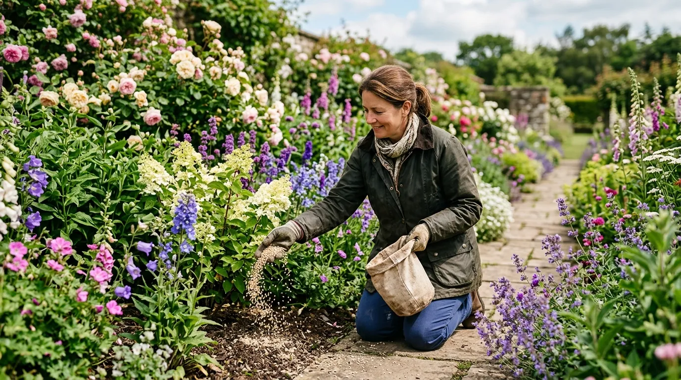 Gardener applying granular fertiliser to feed garden plants in a sunny UK flower border