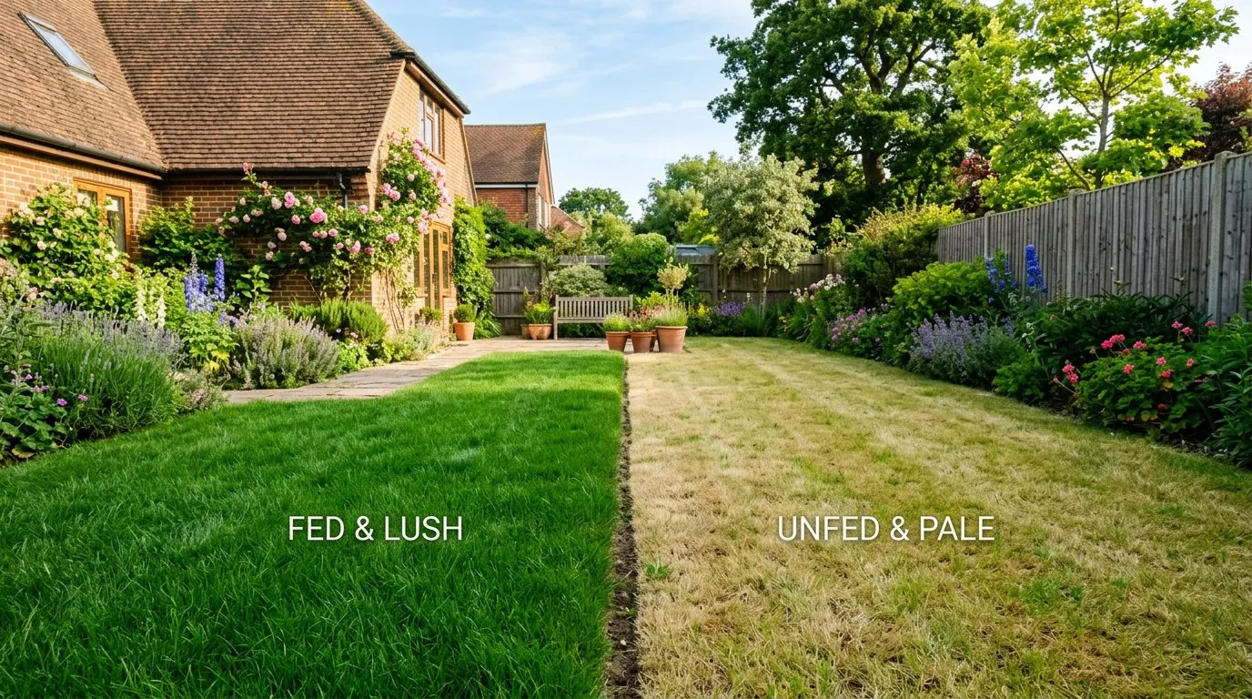 Lawn feed comparison showing lush green fed section versus pale unfed grass