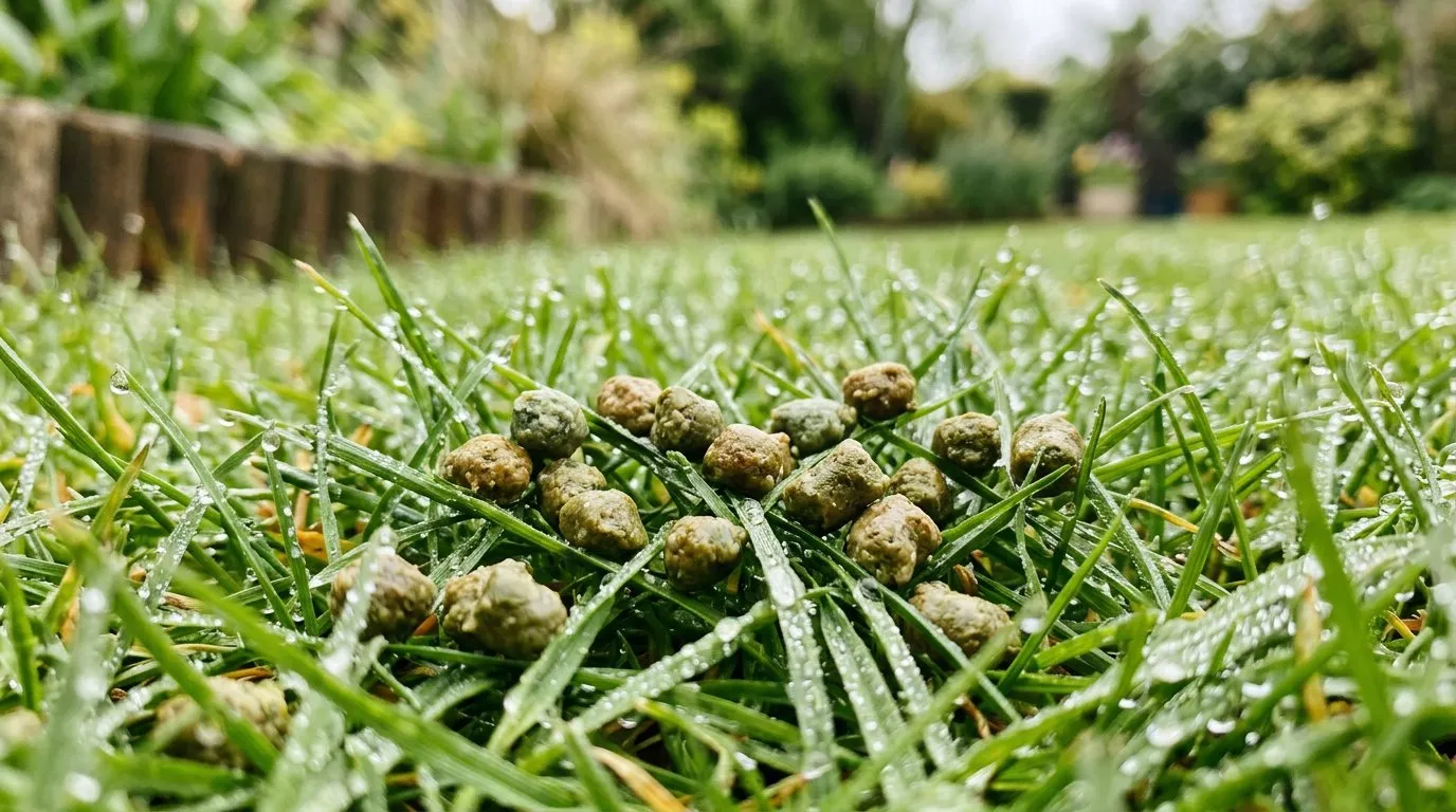 Lawn feed granules close-up scattered on grass blades with morning dew