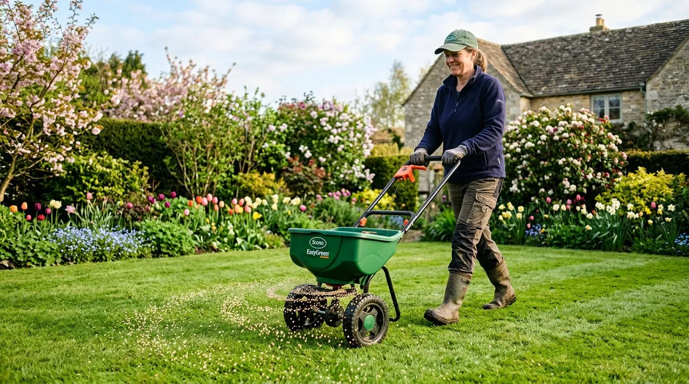 Lawn feed being applied with a rotary spreader across a UK garden in spring