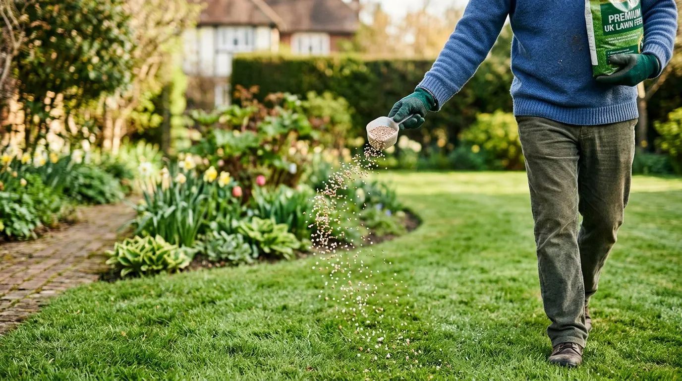 Granular lawn fertiliser being spread by hand over green grass