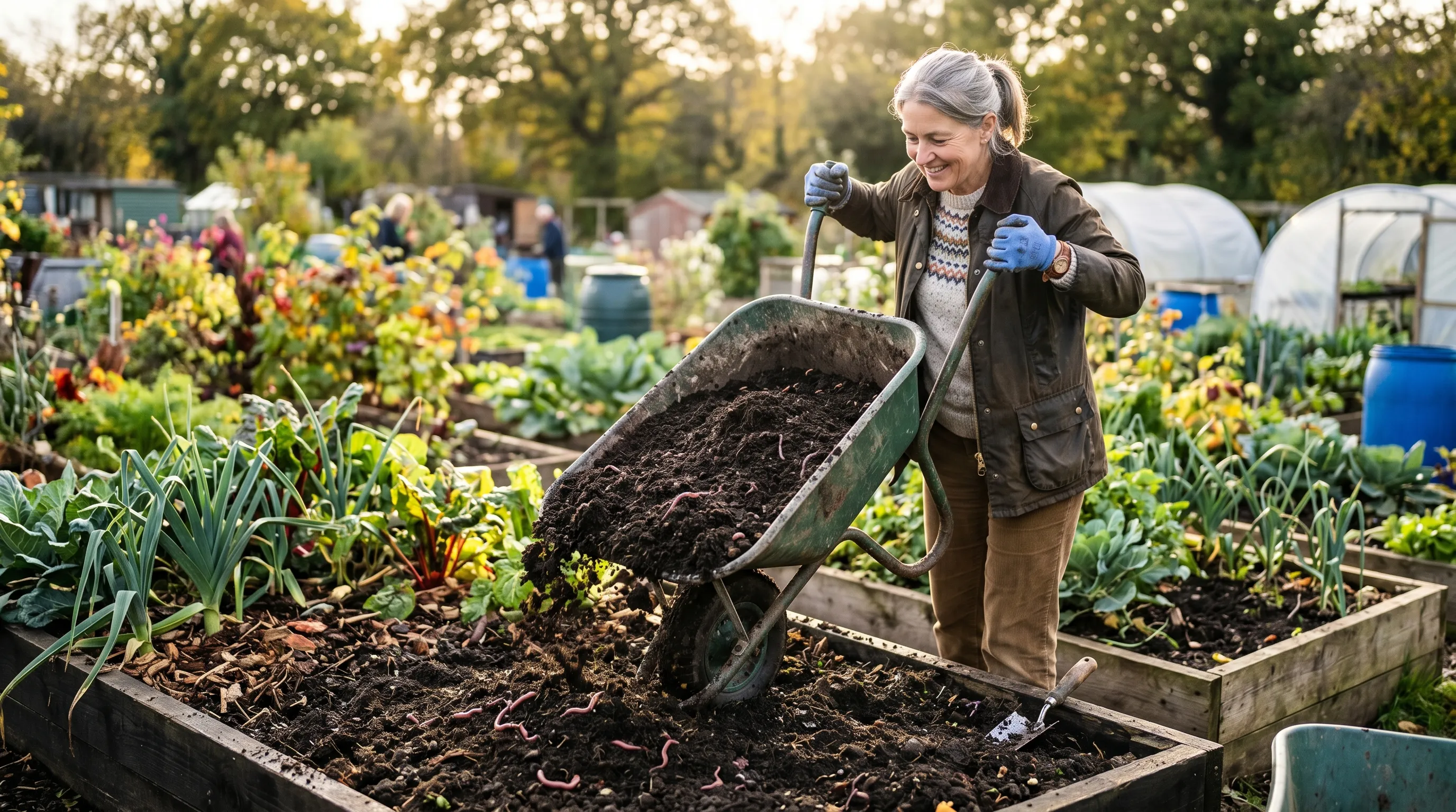UK gardener tipping a wheelbarrow of dark mature compost onto a vegetable bed, the soil already rich and dark from previous applications, worms visible at the soil surface