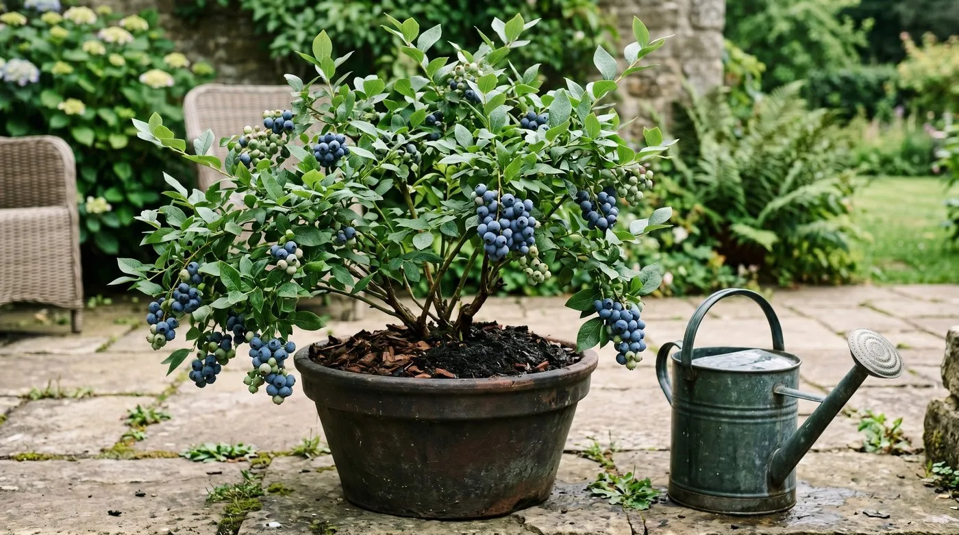 A blueberry bush in a pot of ericaceous compost being fed with acidic feed and watered with rainwater