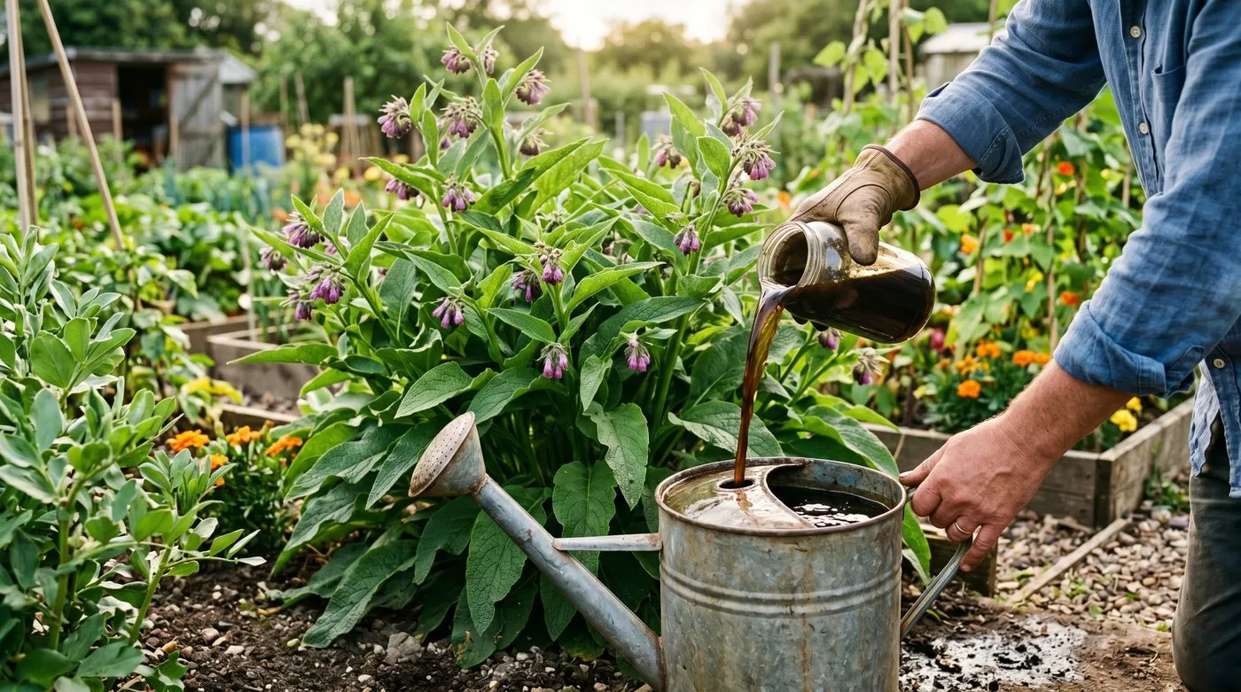 Diluting dark homemade comfrey liquid feed in a watering can beside a comfrey plant