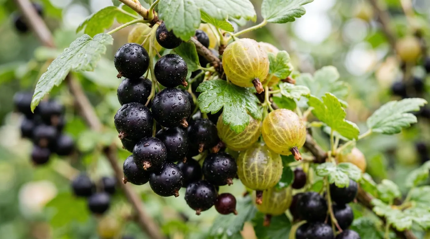 A close-up of heavily laden blackcurrants and ripe gooseberries on the bush ready to pick
