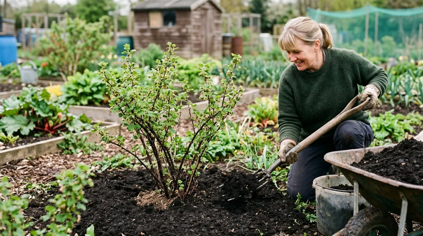 Mulching a gooseberry bush with a thick layer of compost in spring, kept clear of the stems