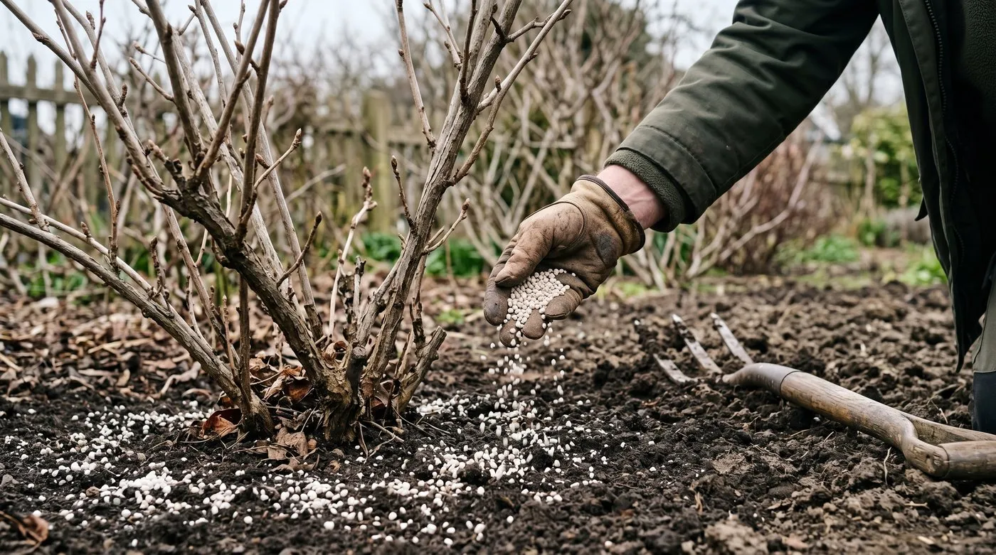 Scattering sulphate of potash around the base of a blackcurrant bush in early spring