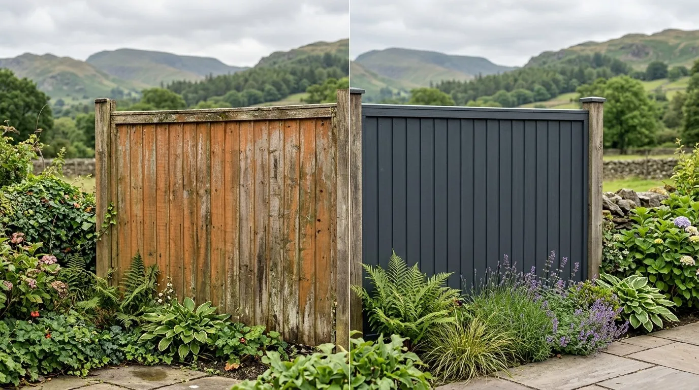 Before and after comparison of a tired orange-brown fence beside a restained dark charcoal one