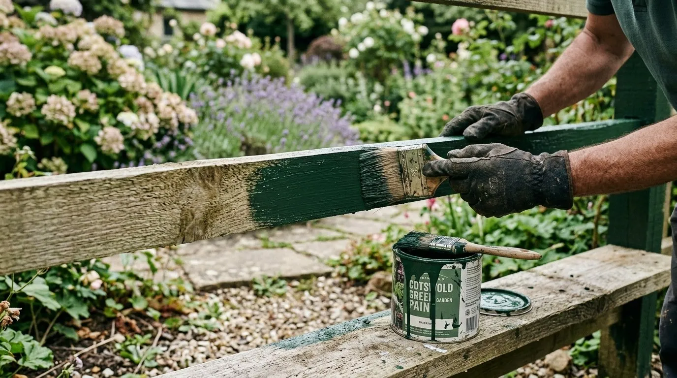 Hands cutting in fence paint with a brush beside an open paint tin