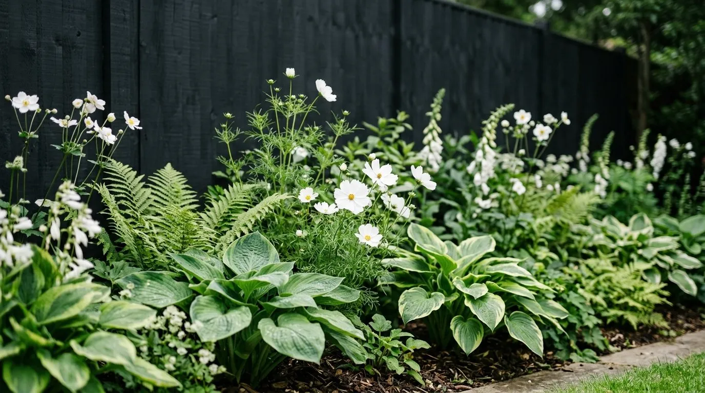 Charcoal-painted garden fence with lush green planting in front in a suburban Surrey garden