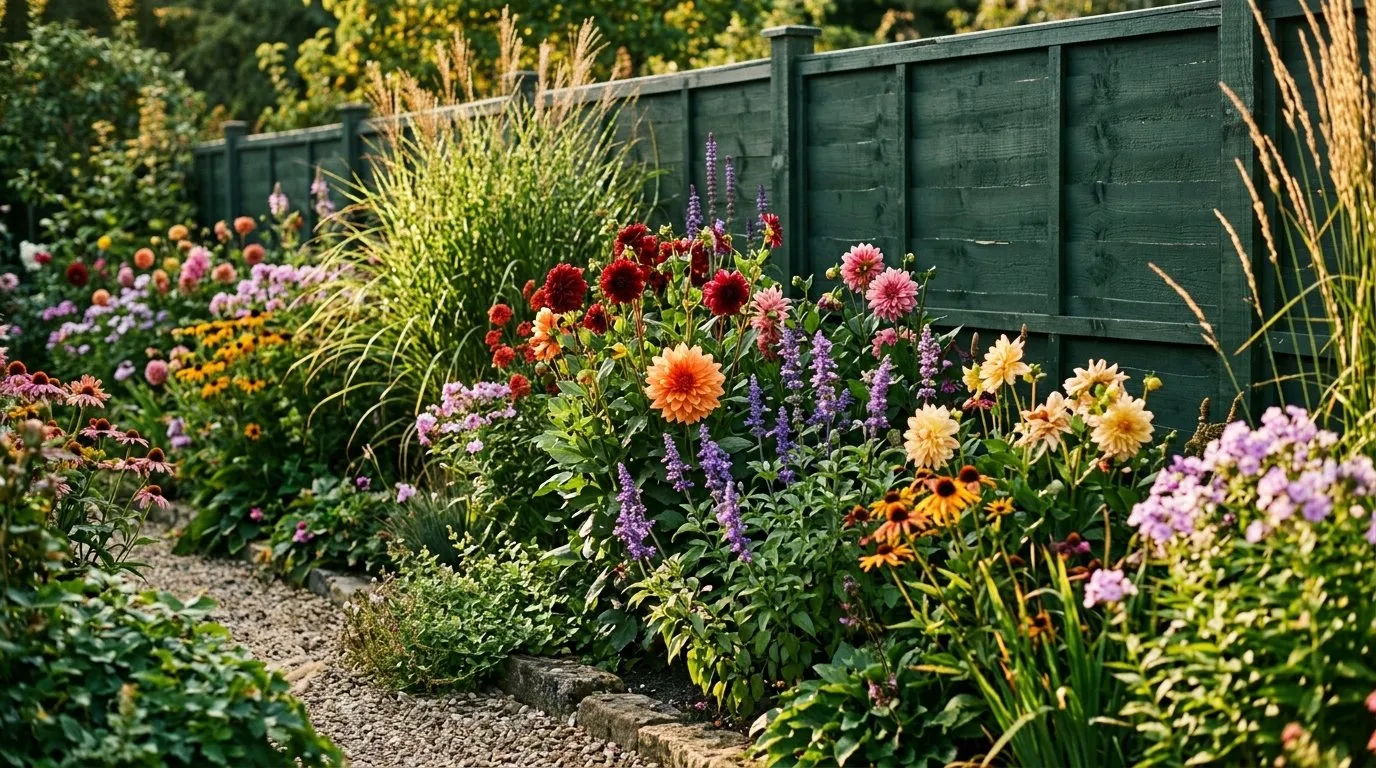Deep-green painted fence acting as a backdrop to a colourful Cotswolds flower border
