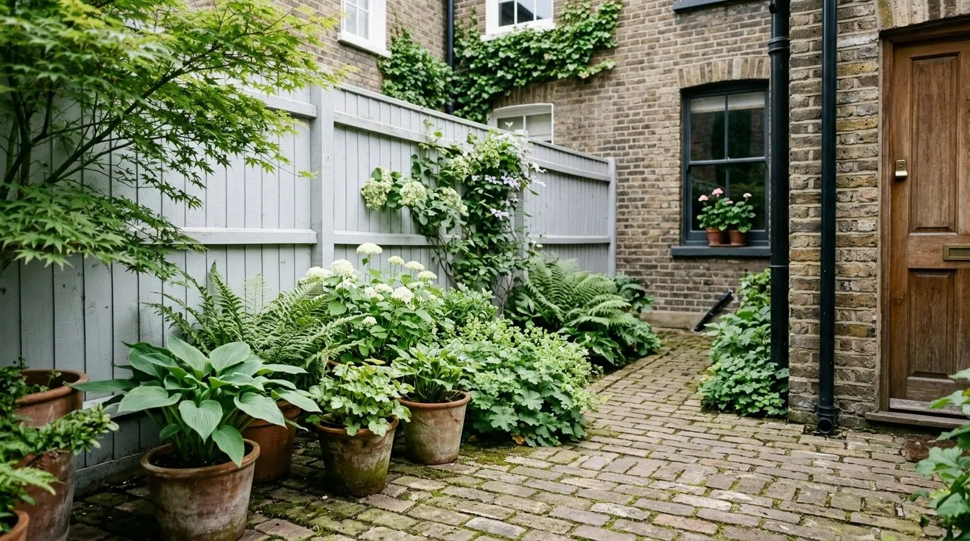 Pale soft-grey fence brightening a shaded north-facing town garden in London
