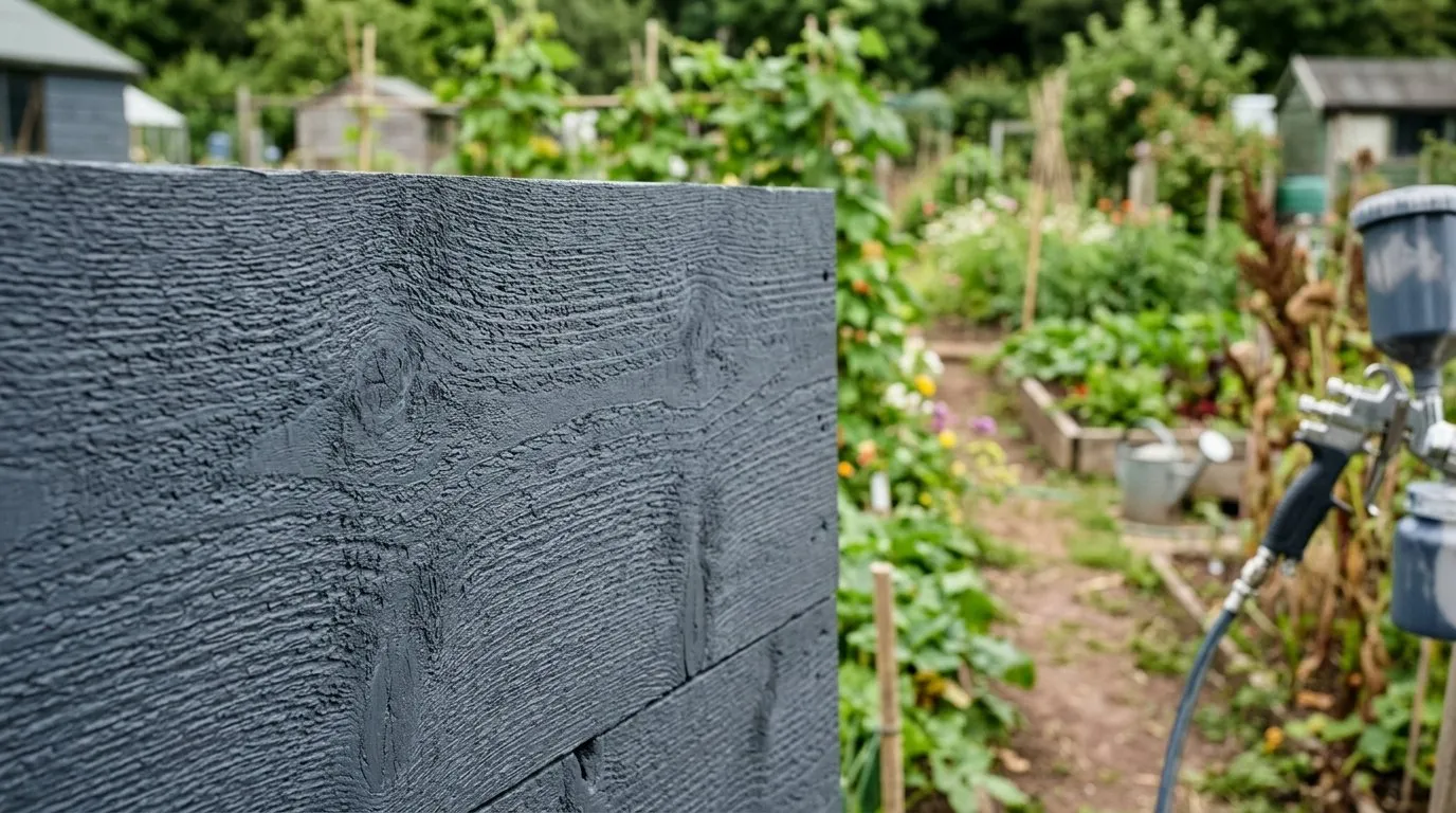 Freshly sprayed deep-grey fence panel showing even colour on rough sawn timber