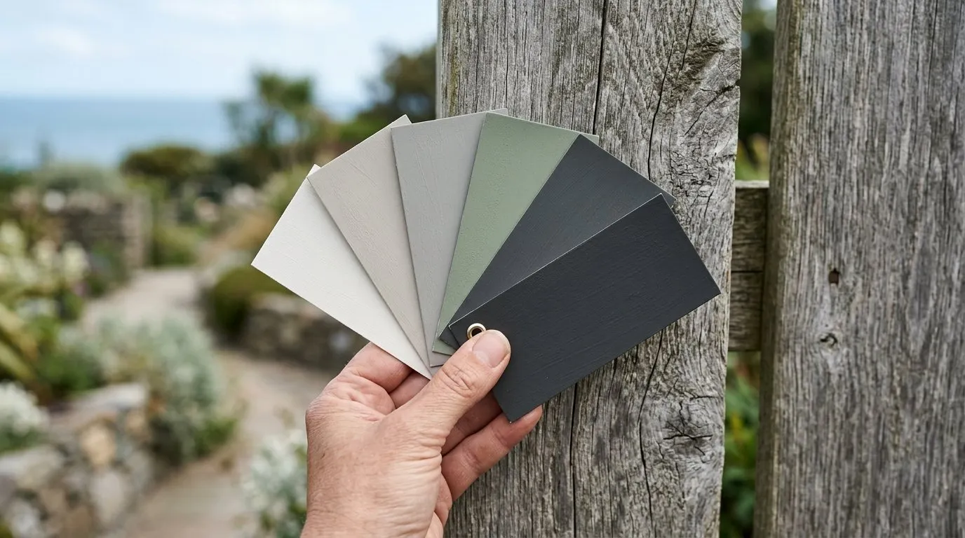 Garden paint colour swatch fan held against a bare timber fence to compare shades