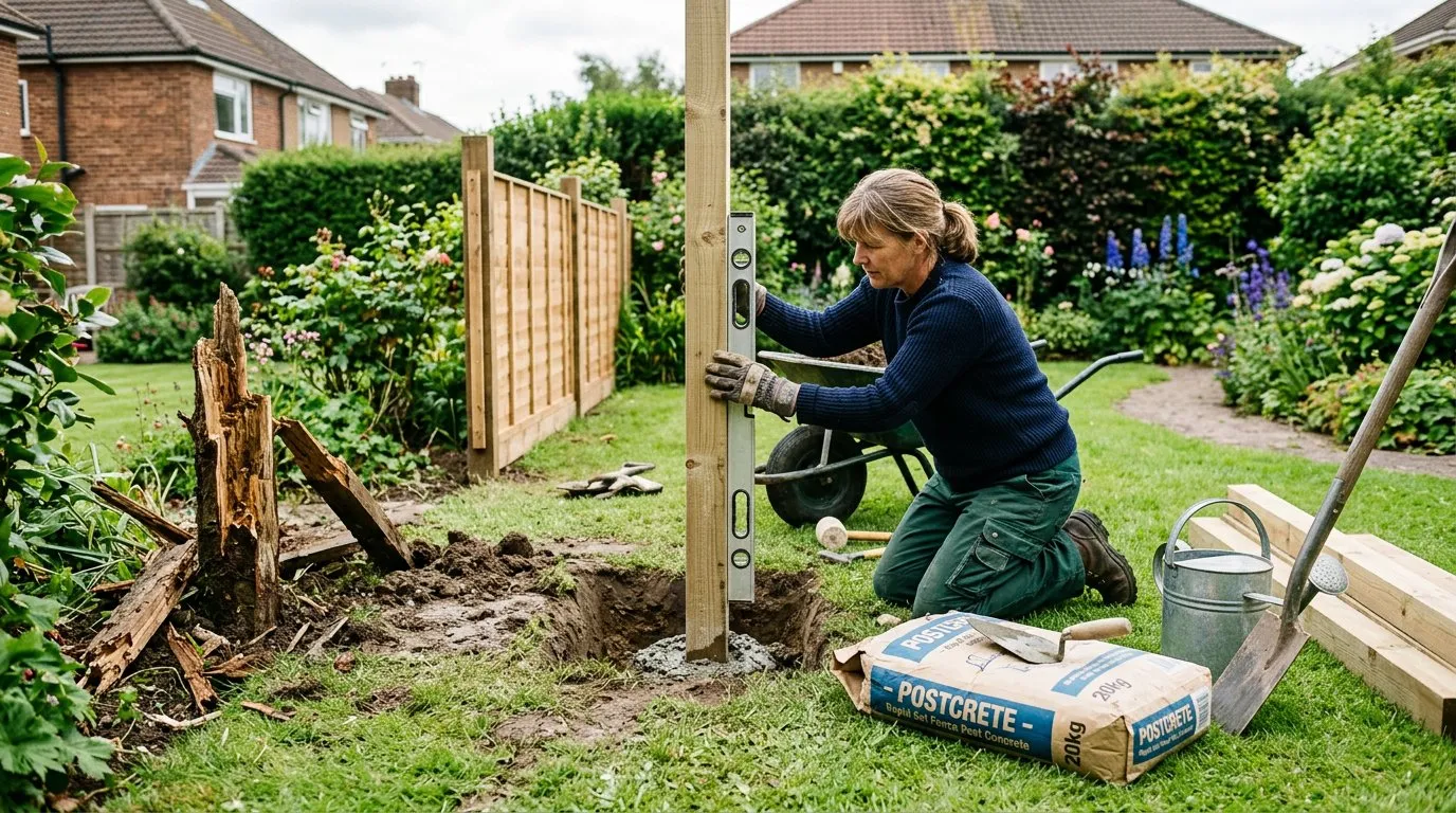 Gardener setting a new fence post in a hole with bags of Postcrete and spirit level on the lawn