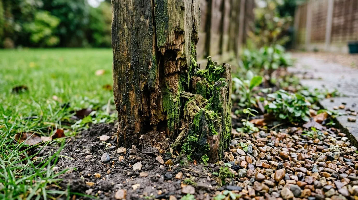 Close-up of a damaged fence post at ground level showing rot and decay where timber meets soil