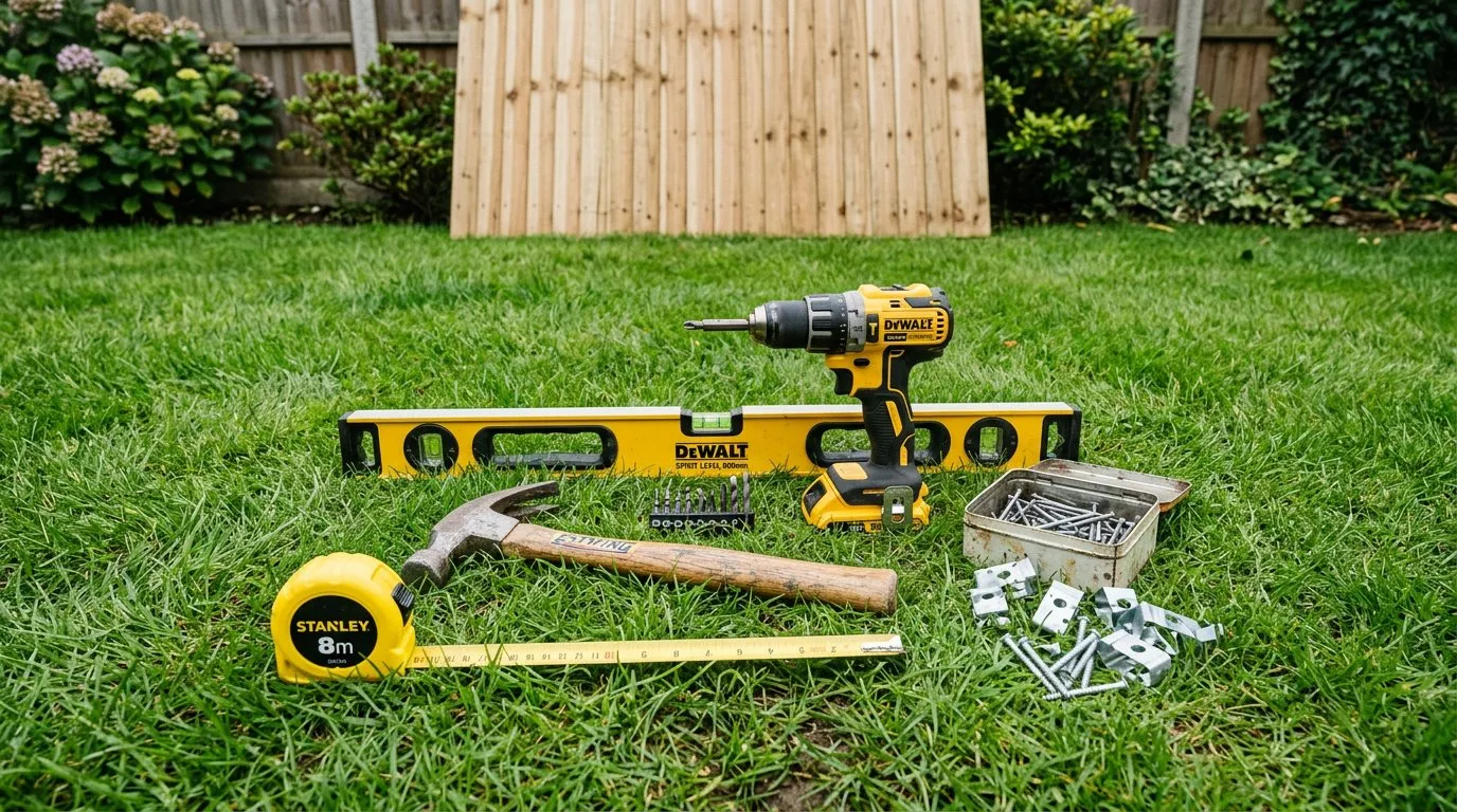 Flat lay of essential fence repair tools including spirit level, cordless drill, hammer, and galvanised nails