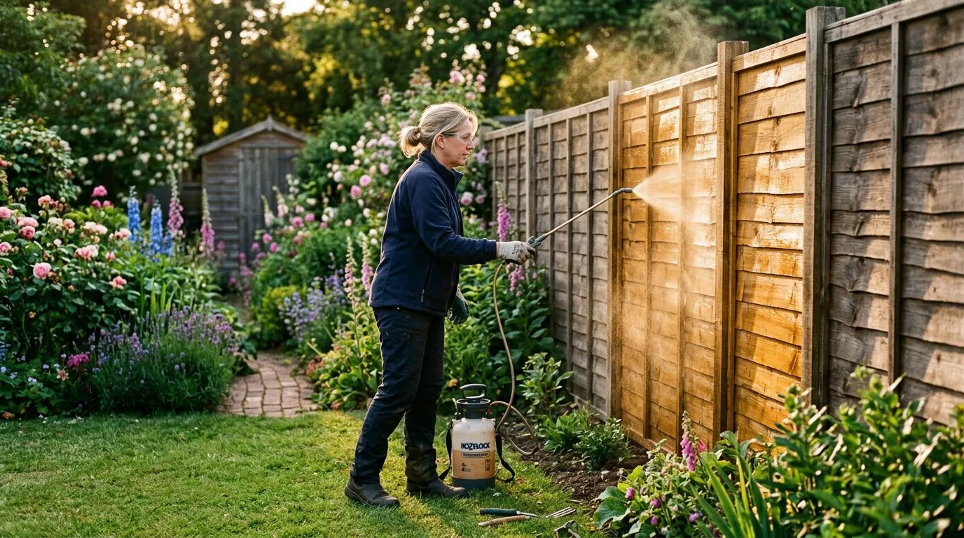 Fence being treated with a pump sprayer showing even coverage of preservative on timber panels