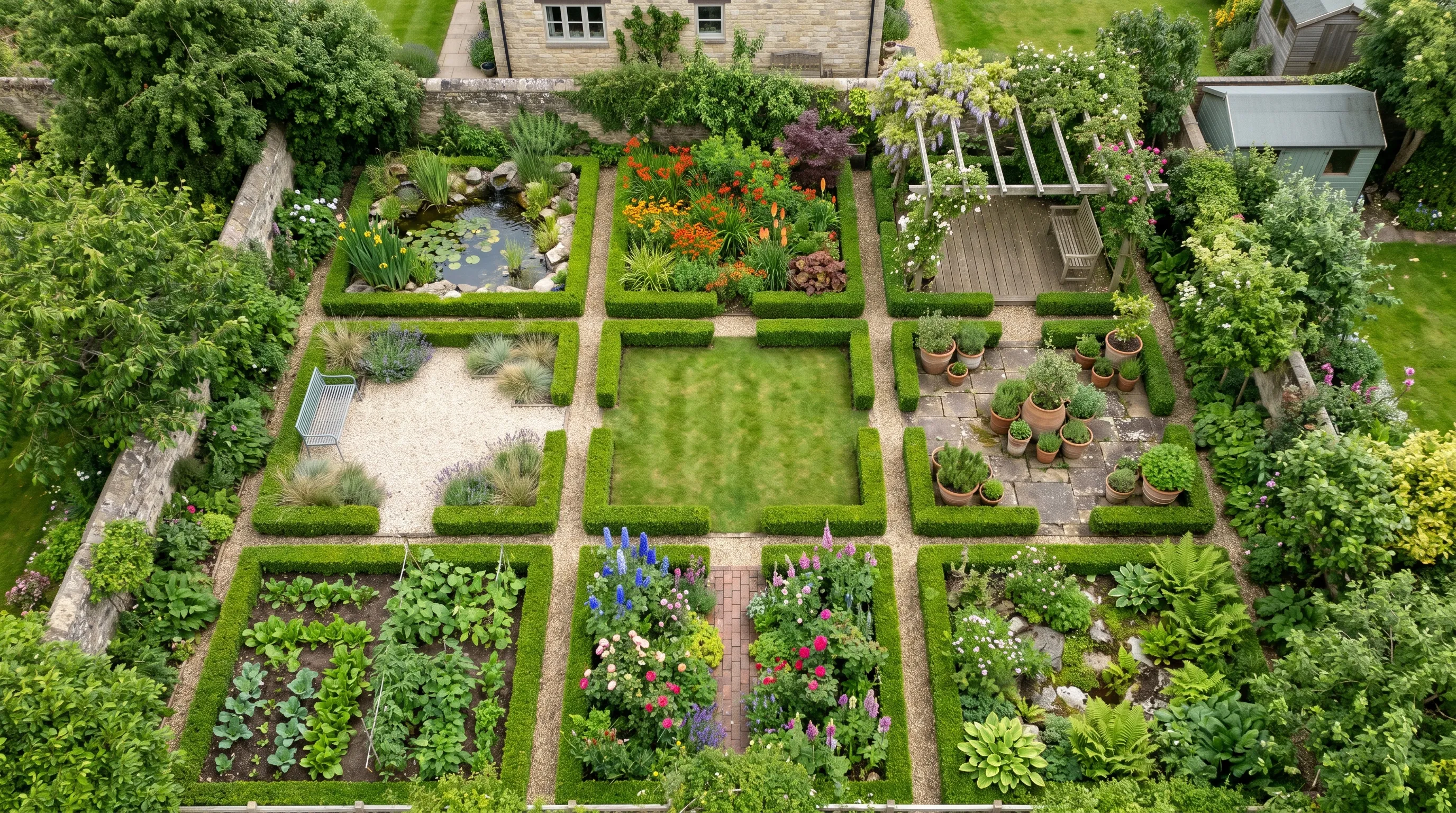 Aerial view of a UK garden plan divided into nine planted zones by low box hedging, each zone a different element