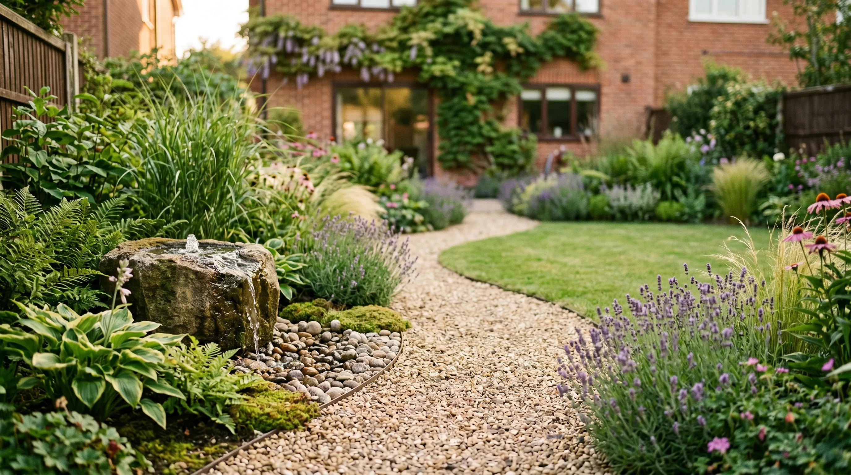 Balanced feng shui UK garden with a curving gravel path and a bubbling stone water feature