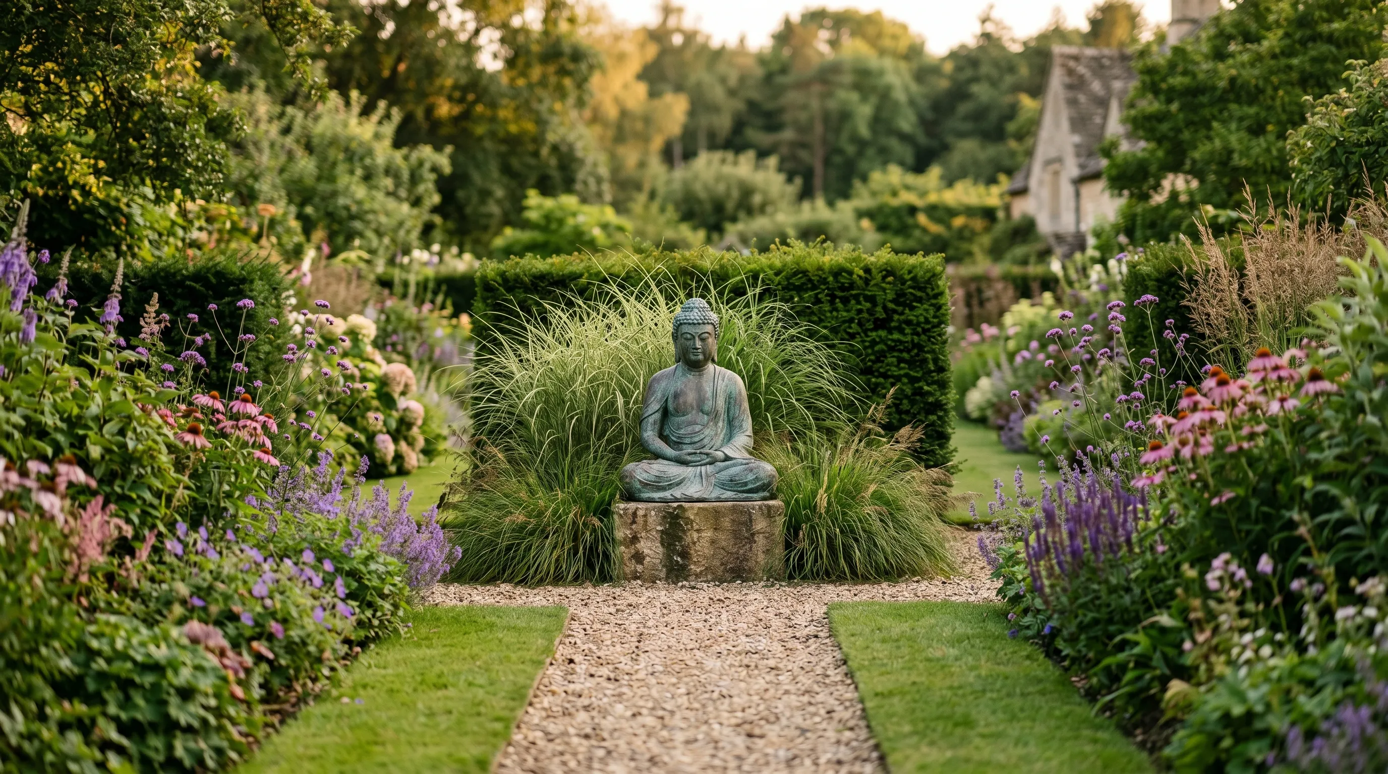 Weathered bronze seated statue as a focal point at the end of a UK country garden border, framed by ornamental grasses