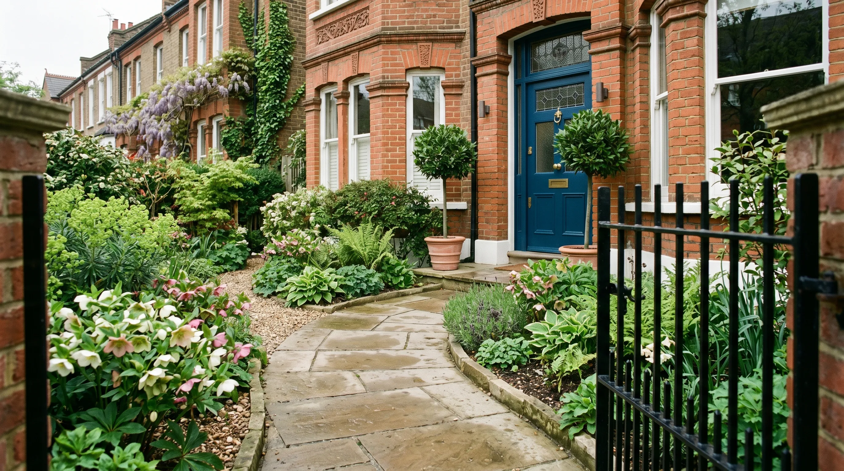 A welcoming UK front door in deep blue with a curving path and clipped bay trees either side