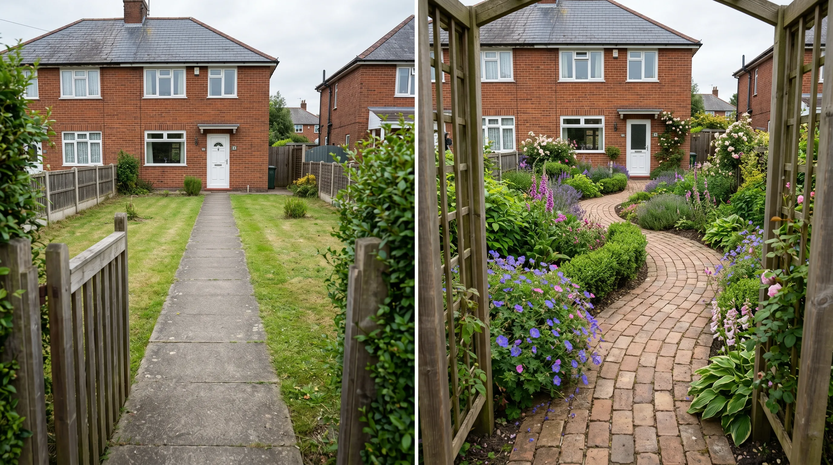 Side-by-side comparison of a rigid straight concrete path and a gently curving brick path in two UK front gardens