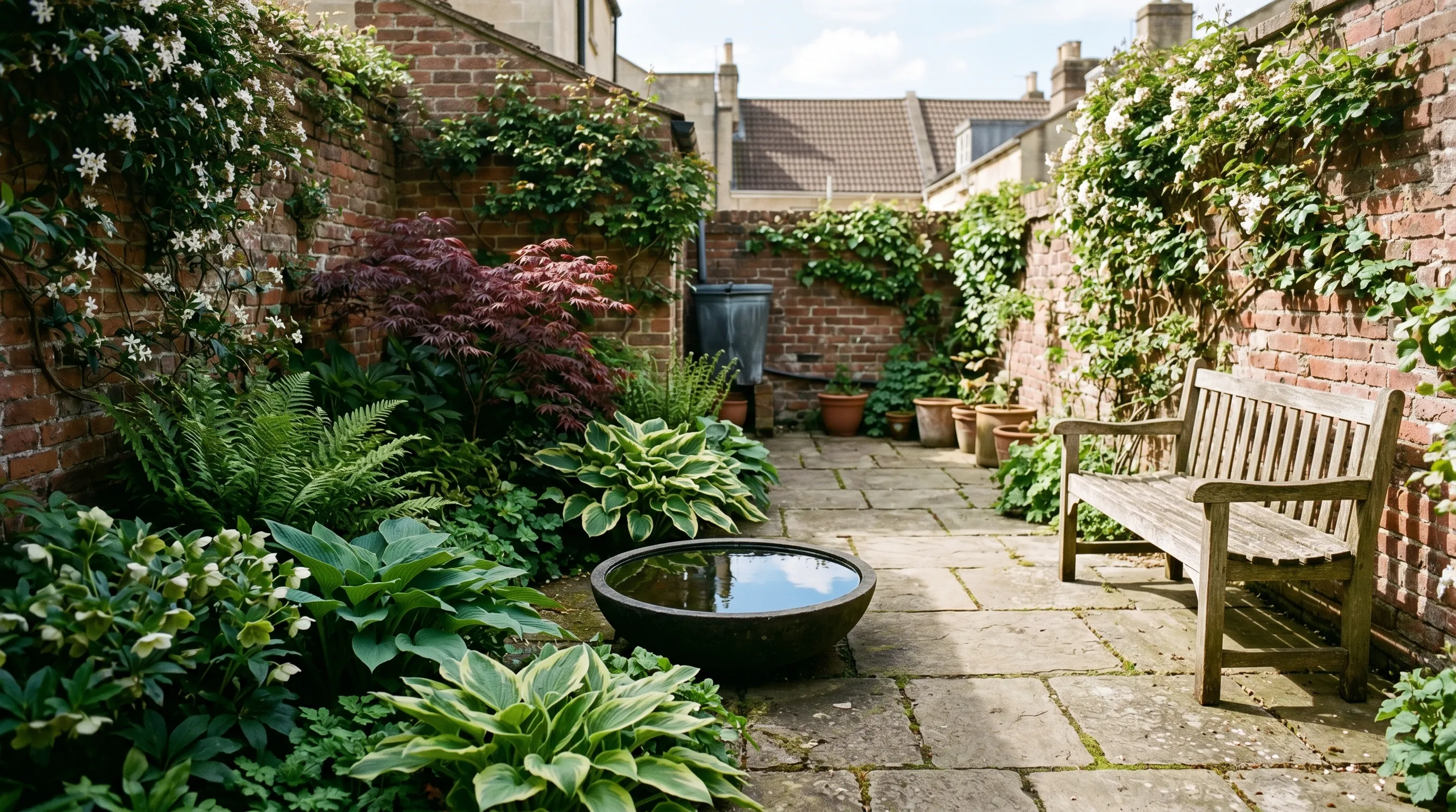 Small UK city courtyard with shaded lush planting on one side and a sunlit paved bench area on the other, a still water bowl between