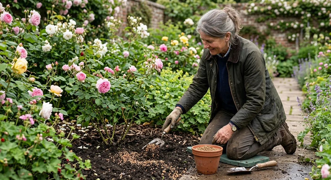 Best fertilisers for gardens UK application showing slow-release granules being worked into soil around roses