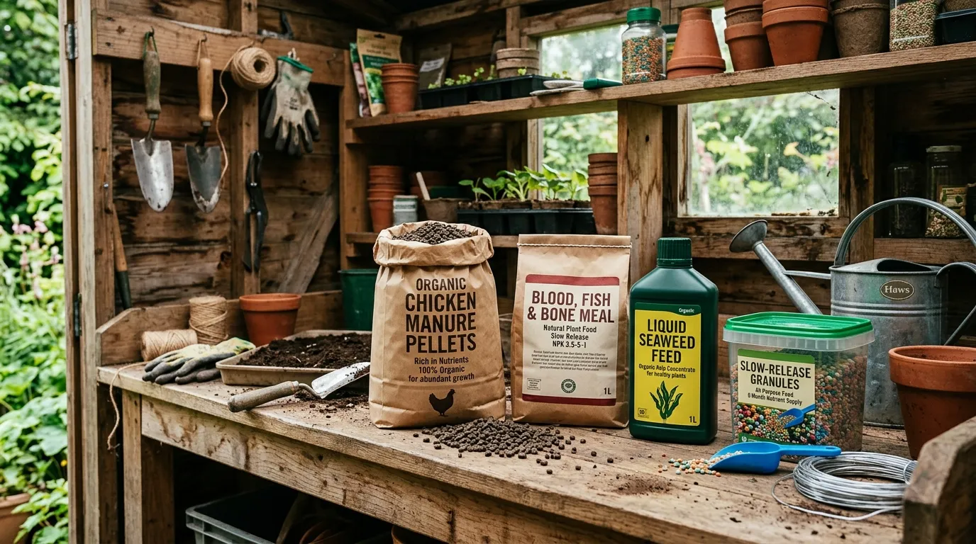 Best fertilisers for gardens UK organic and synthetic products arranged on a wooden potting bench