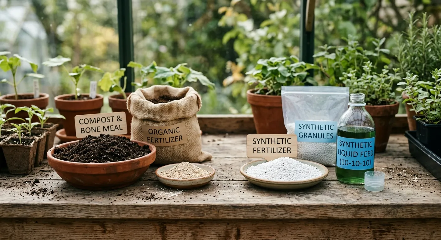 Best fertilisers for gardens UK showing organic and synthetic options laid out on a potting bench