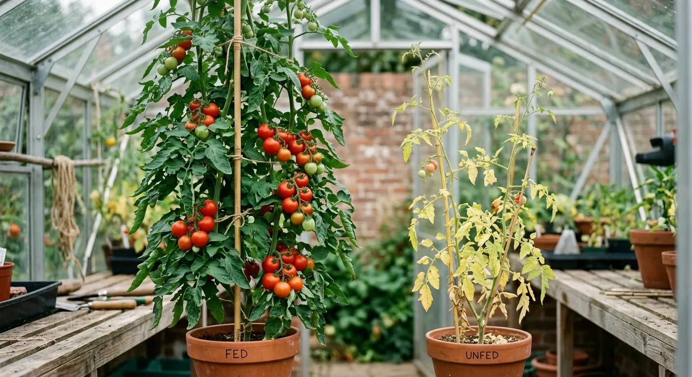 Best fertilisers for gardens UK showing the difference between well-fed and nutrient-deficient tomato plants